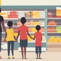 Family standing in a grocery outlet
