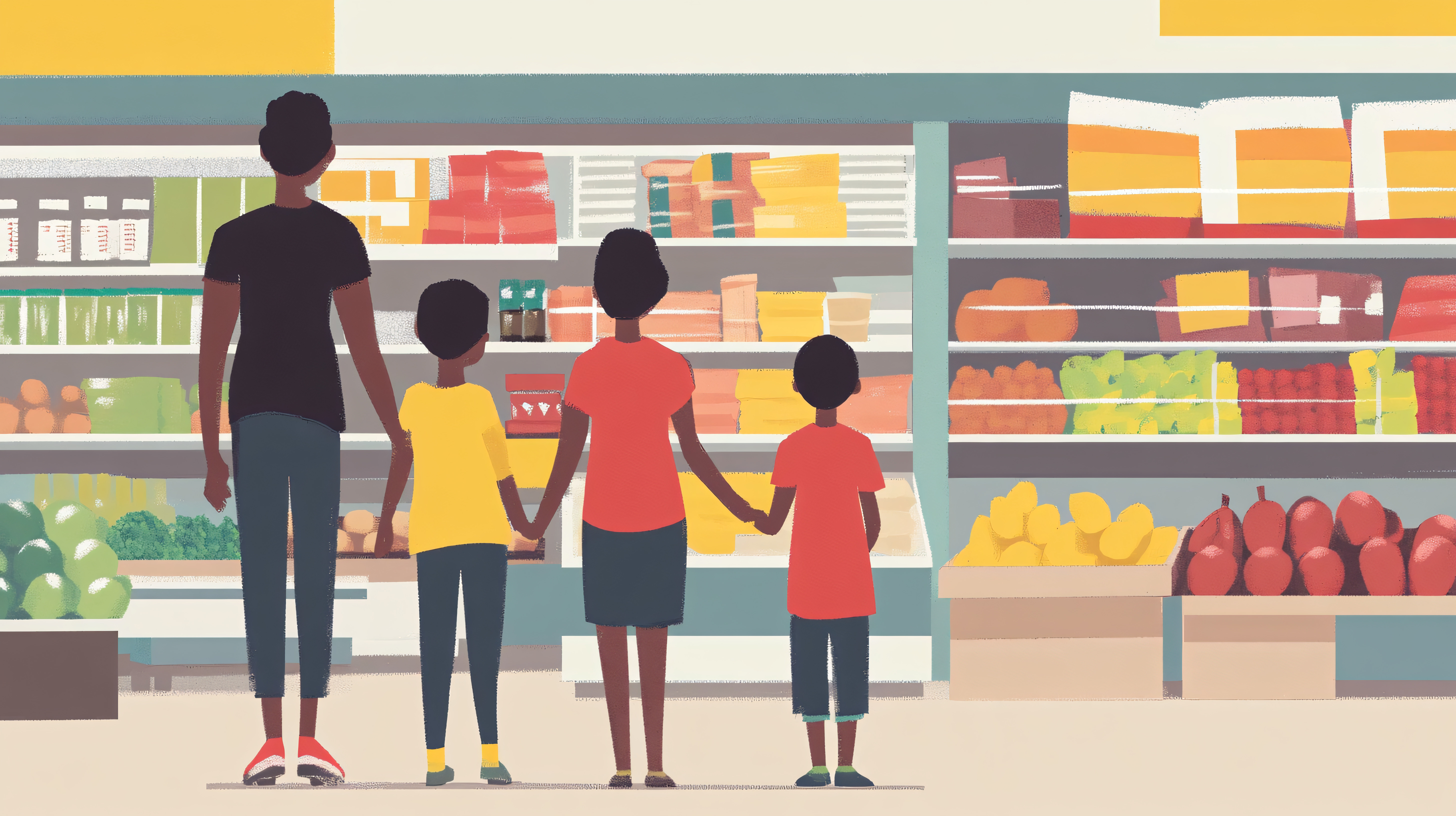 Family standing in a grocery outlet
