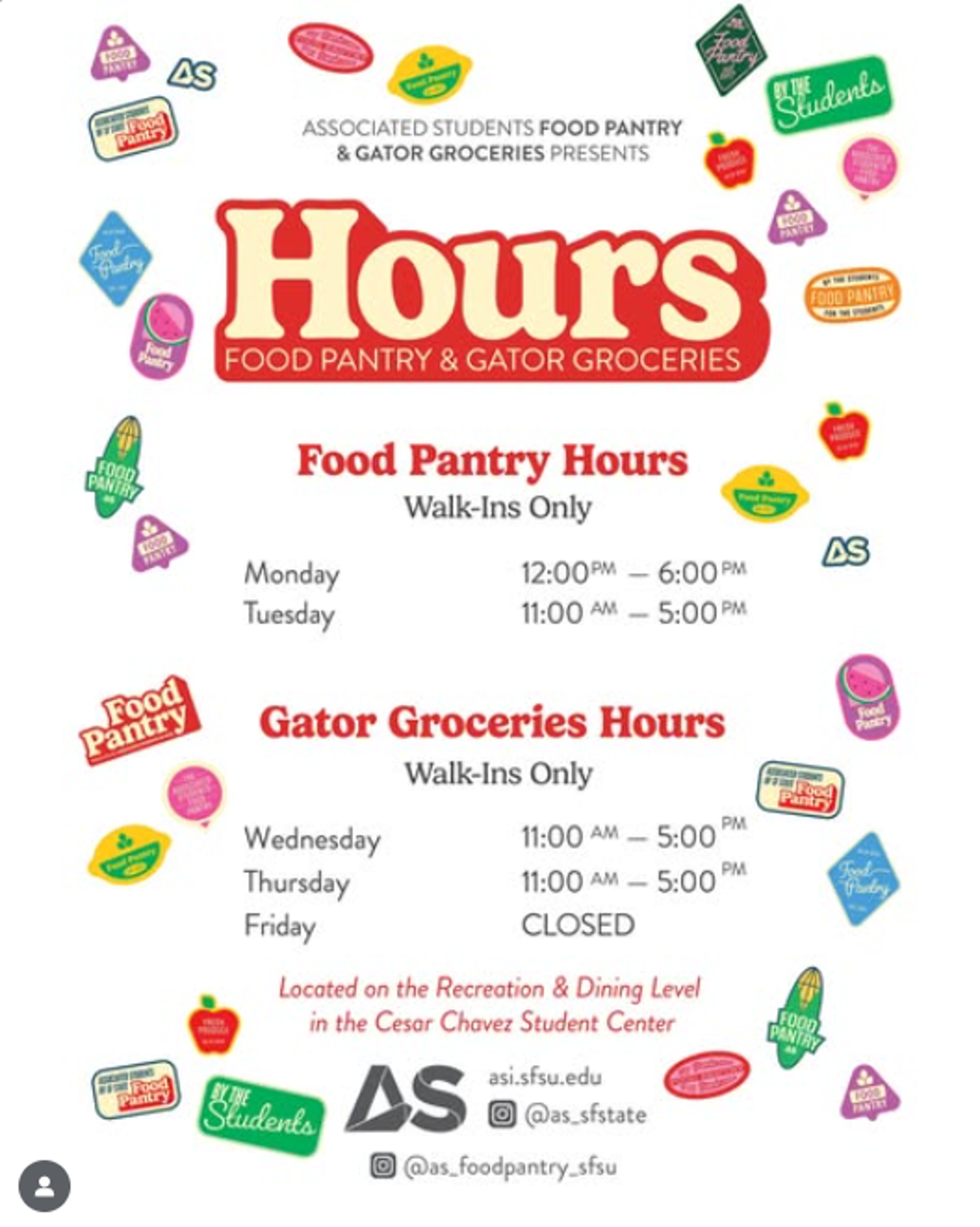 Flyer that reads the hours for the campus Food Pantry and Gator Groceries. Colorful food pantry and produce-shaped stickers surround text reading the program hours.