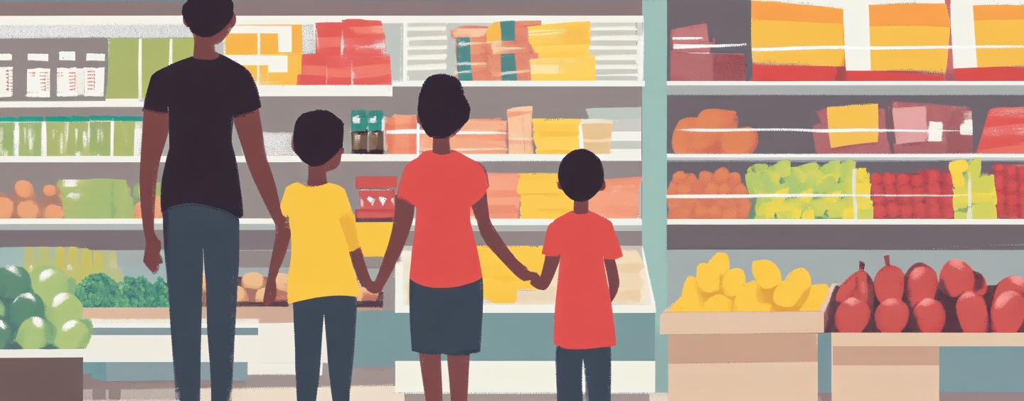 Family standing in a grocery outlet