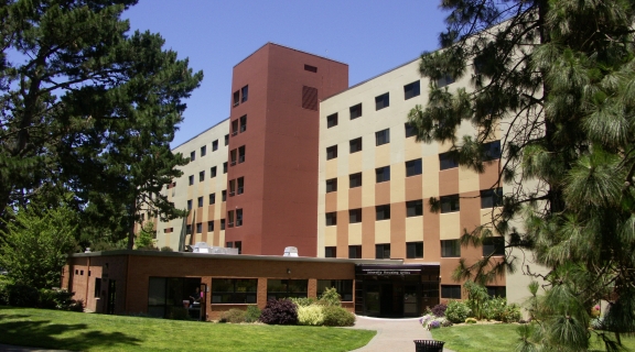 Student dorm building Mary Ward Hall with the Student Housing Office entrance